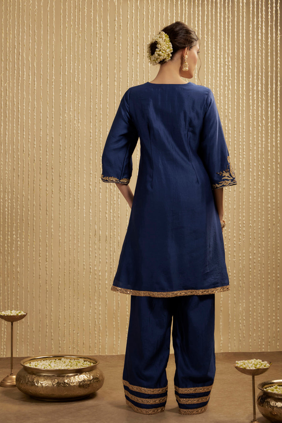Royal Blue Silk Chanderi Short Kurta Pants Set