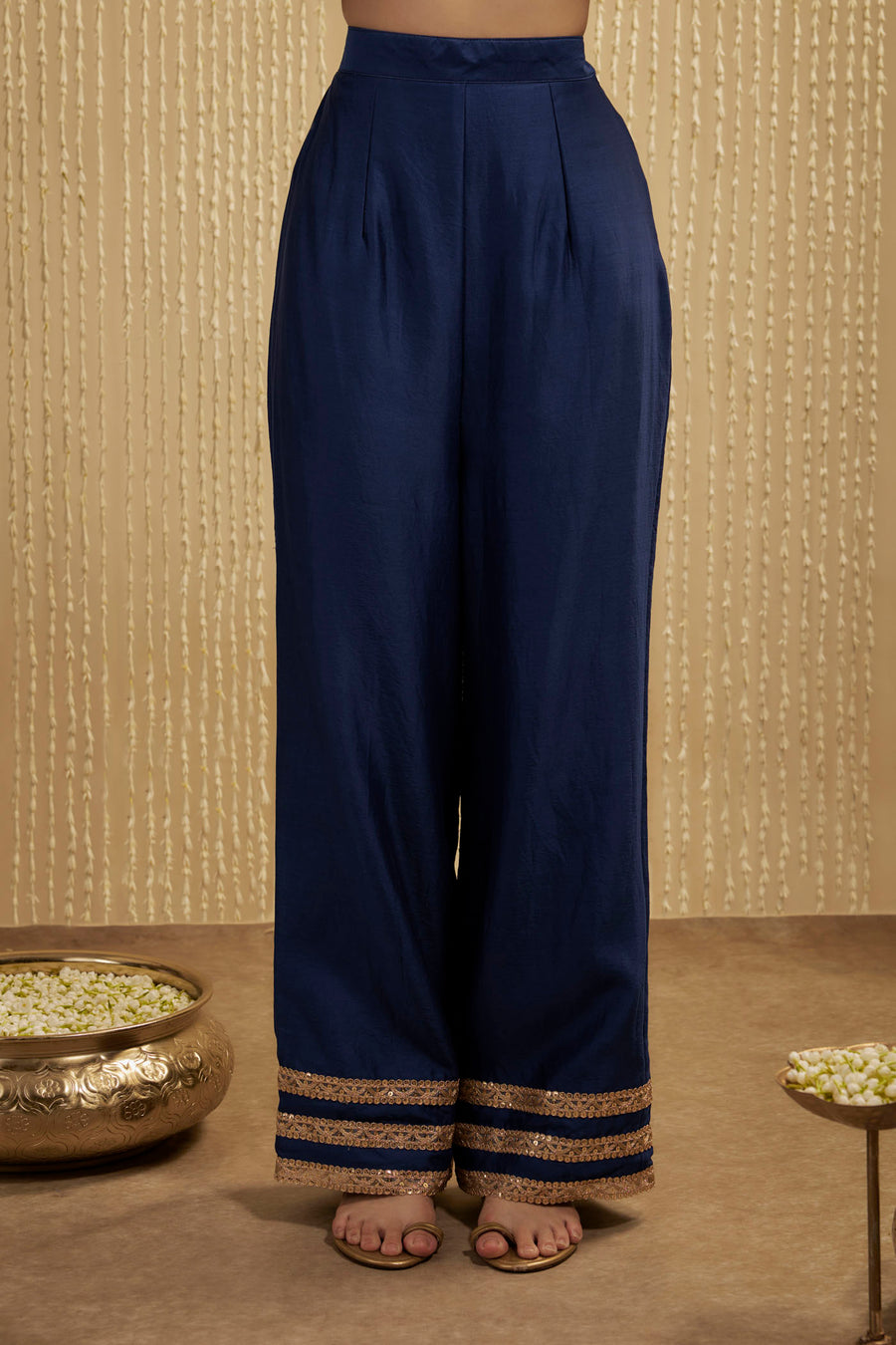 Royal Blue Silk Chanderi Short Kurta Pants Set