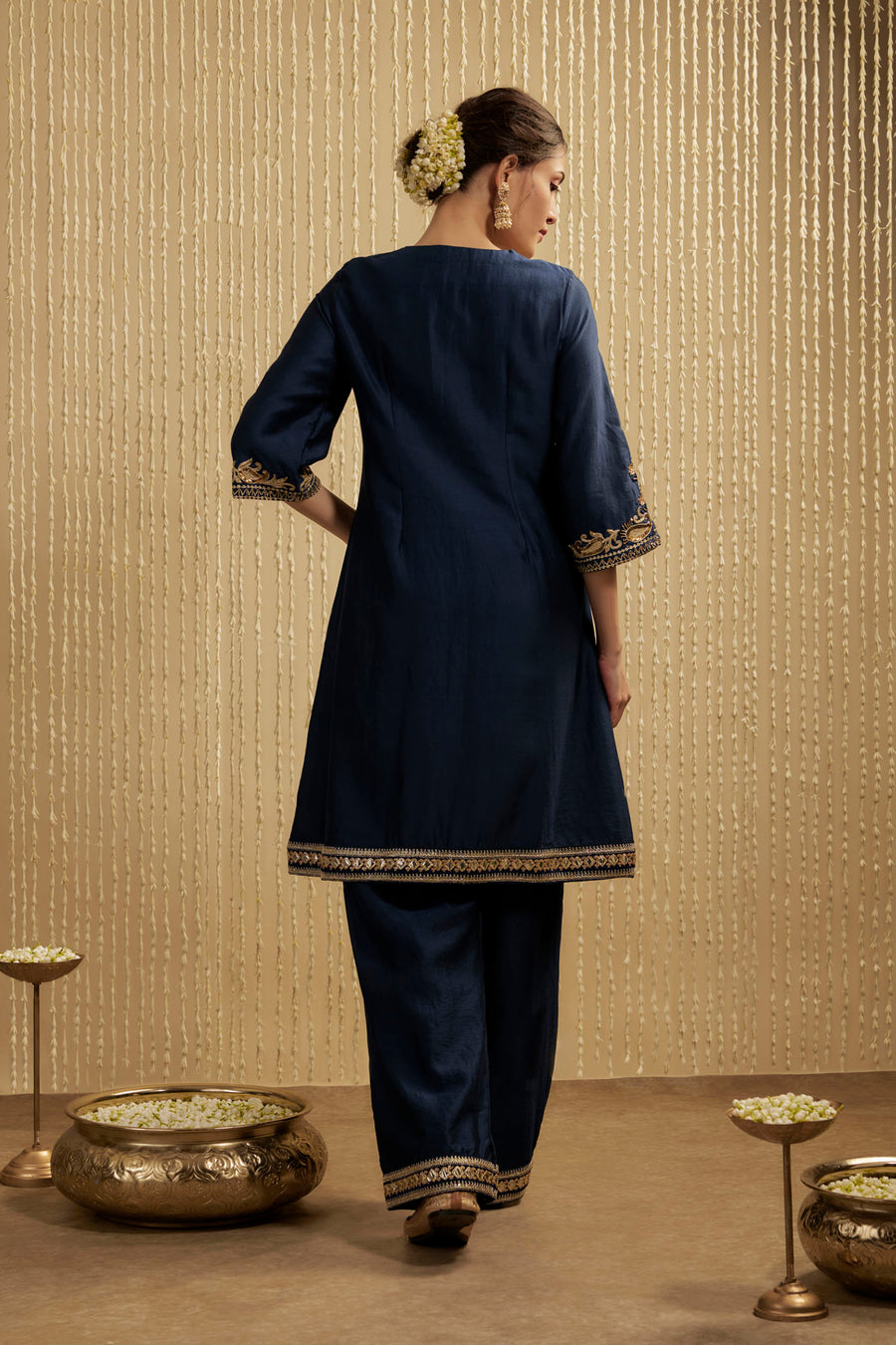 Navy Blue Silk Chanderi Short Kurta Pants Set