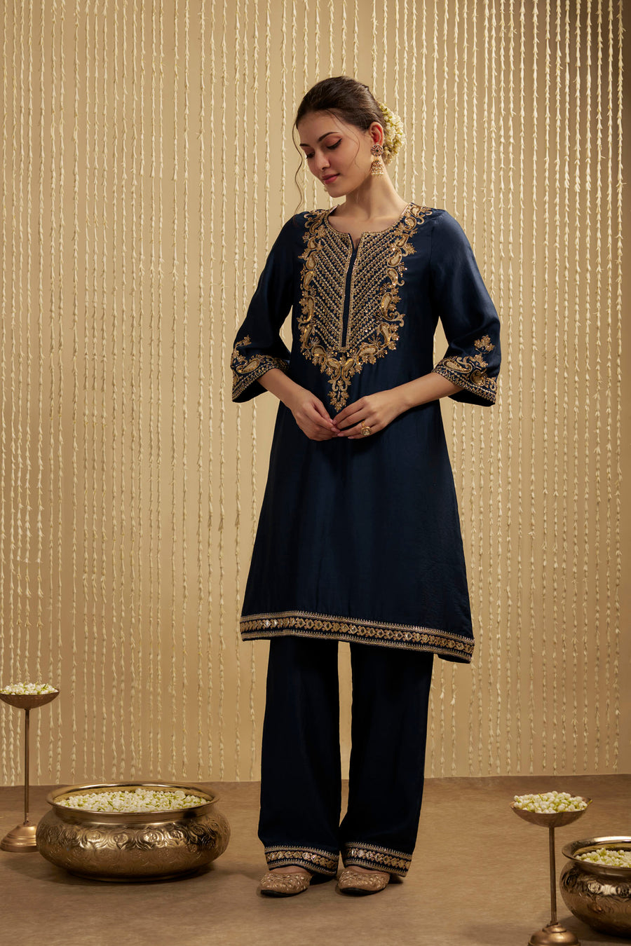 Navy Blue Silk Chanderi Short Kurta Pants Set