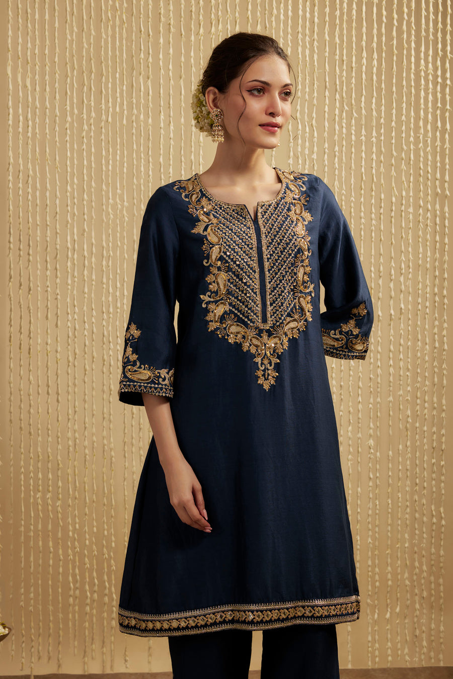 Navy Blue Silk Chanderi Short Kurta Pants Set