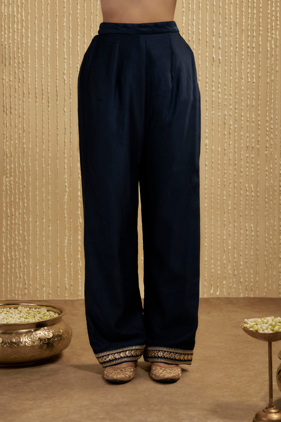 Navy Blue Silk Chanderi Short Kurta Pants Set