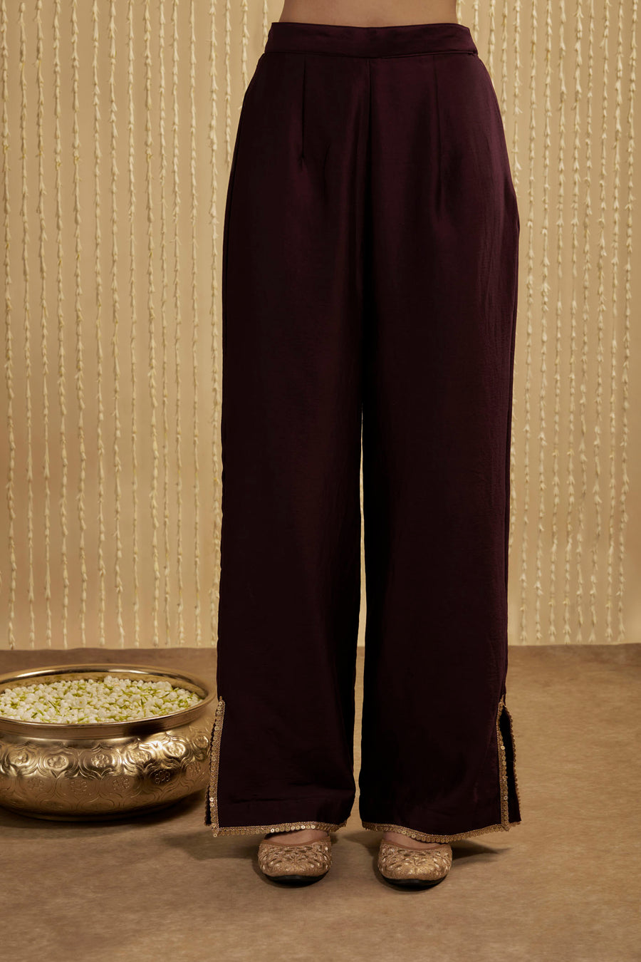 Wine Silk Chanderi Short Kurta Pants Set