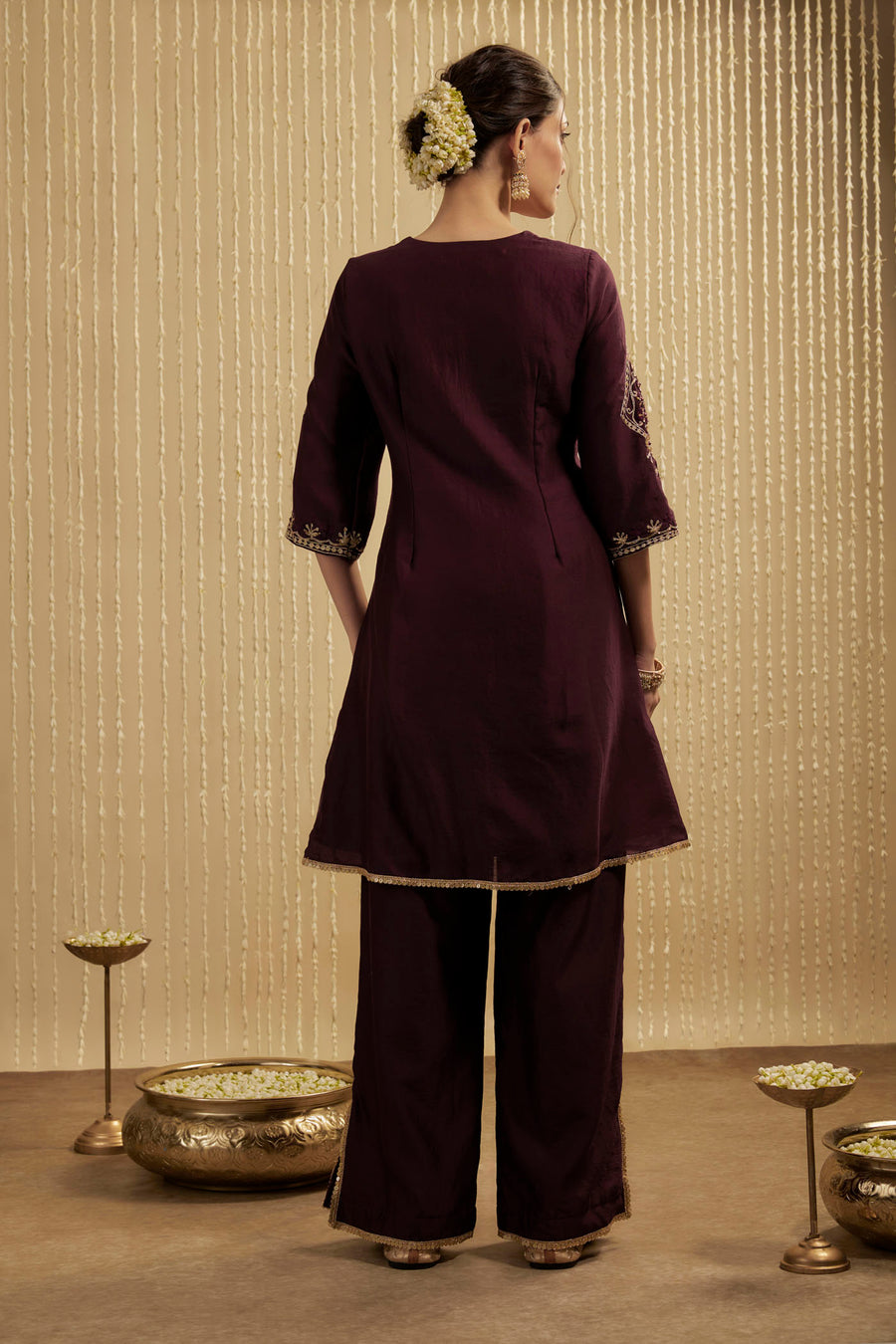 Wine Silk Chanderi Short Kurta Pants Set