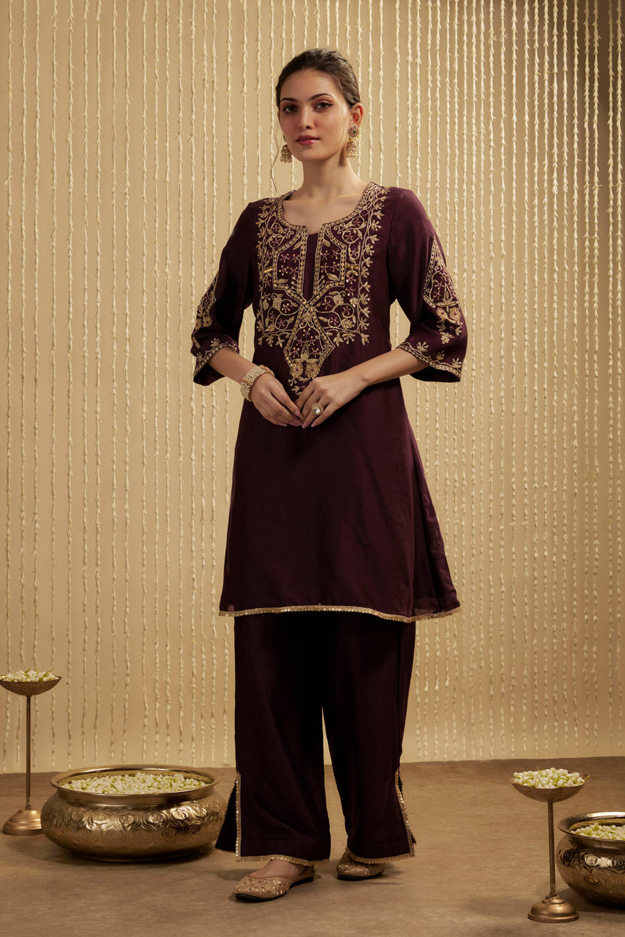 Wine Silk Chanderi Short Kurta Pants Set