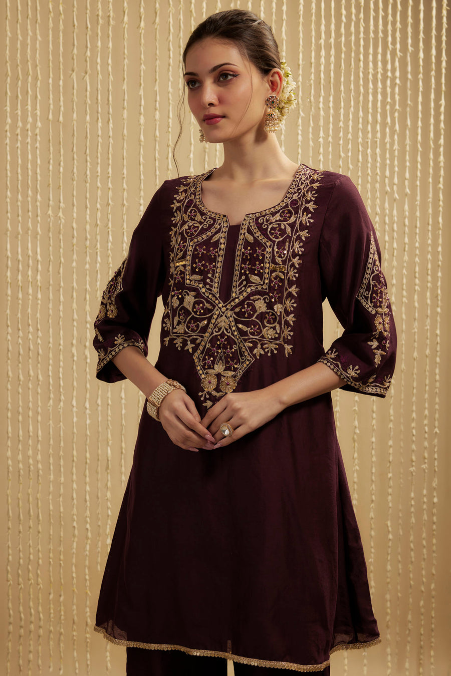 Wine Silk Chanderi Short Kurta Pants Set