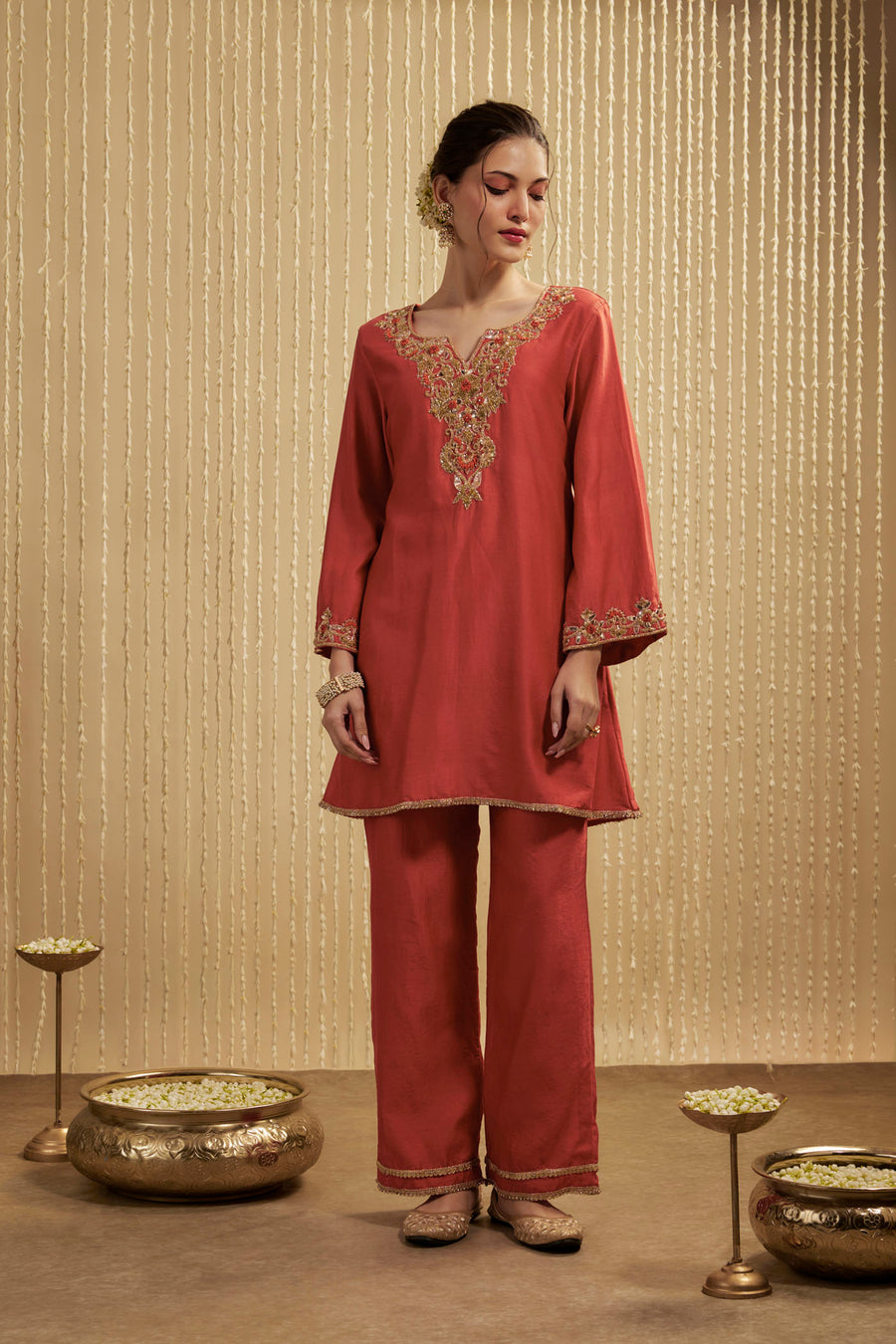 Orange Silk Chanderi Short Kurta Pants Set