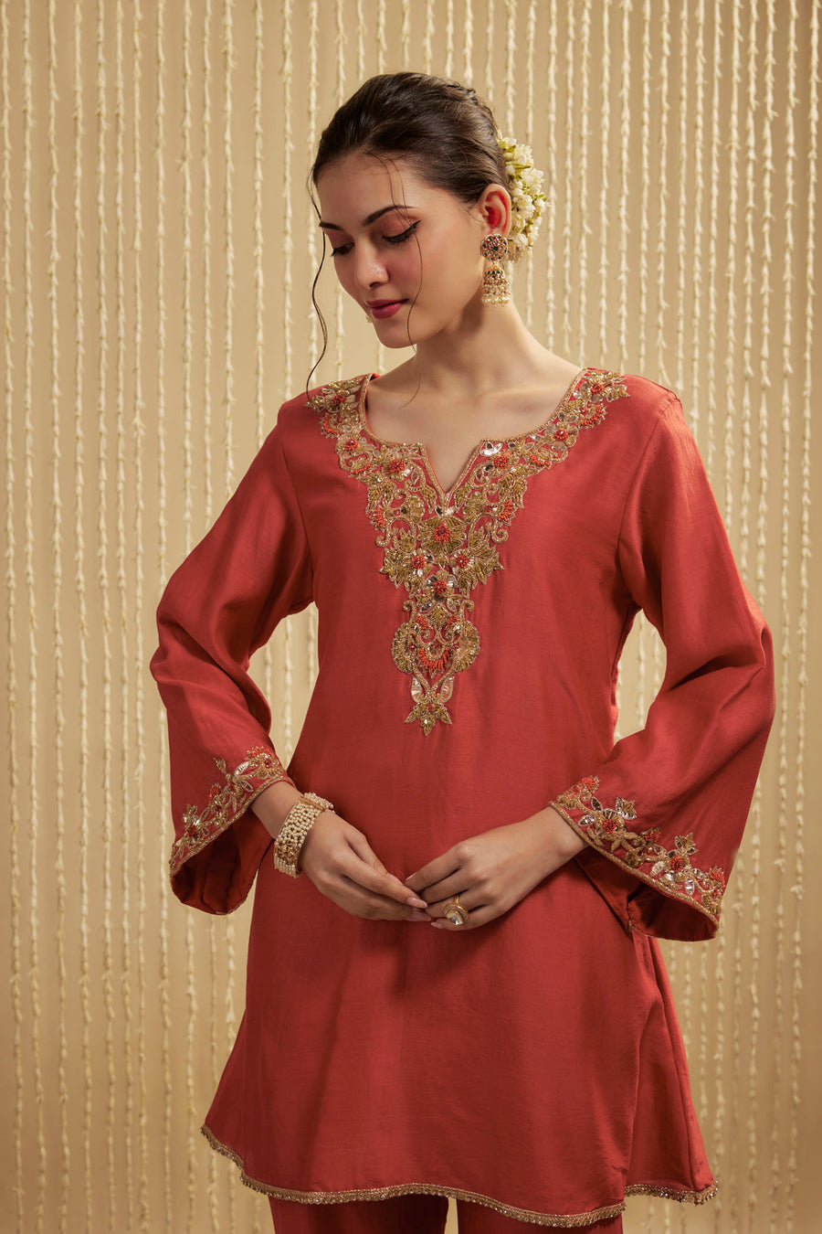 Orange Silk Chanderi Short Kurta Pants Set