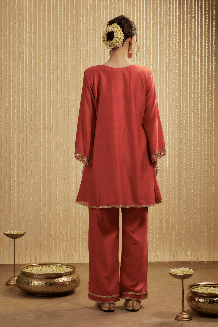 Orange Silk Chanderi Short Kurta Pants Set