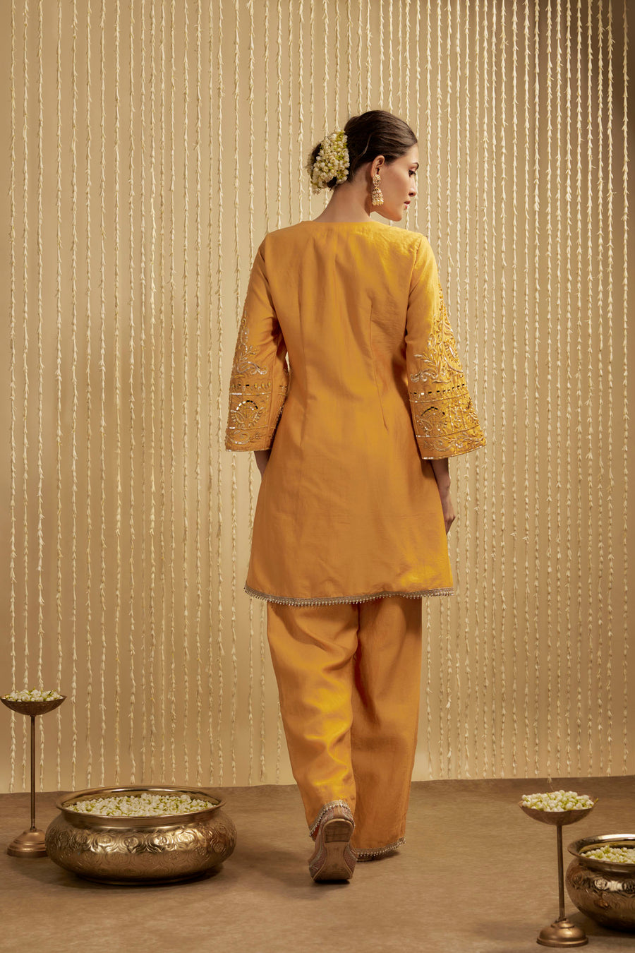 Mustard Yellow Silk Chanderi Short Kurta Pants Set