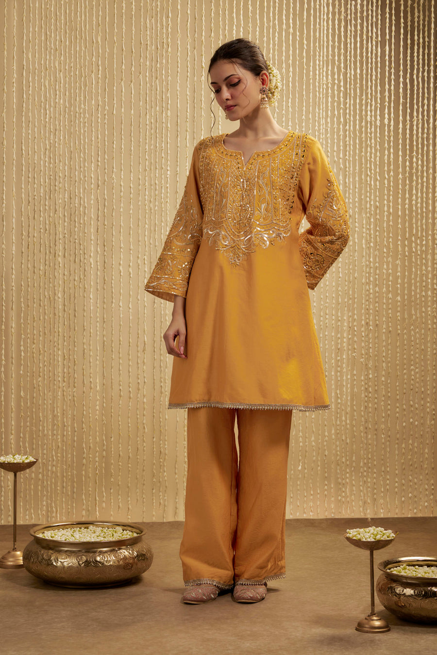 Mustard Yellow Silk Chanderi Short Kurta Pants Set
