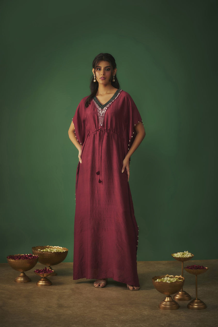 Deep Red Kaftan With Pearls (RTS)
