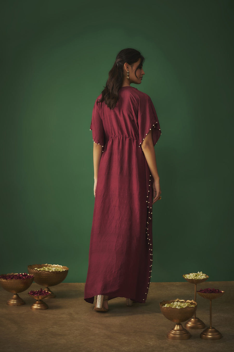 Deep Red Kaftan With Pearls (RTS)