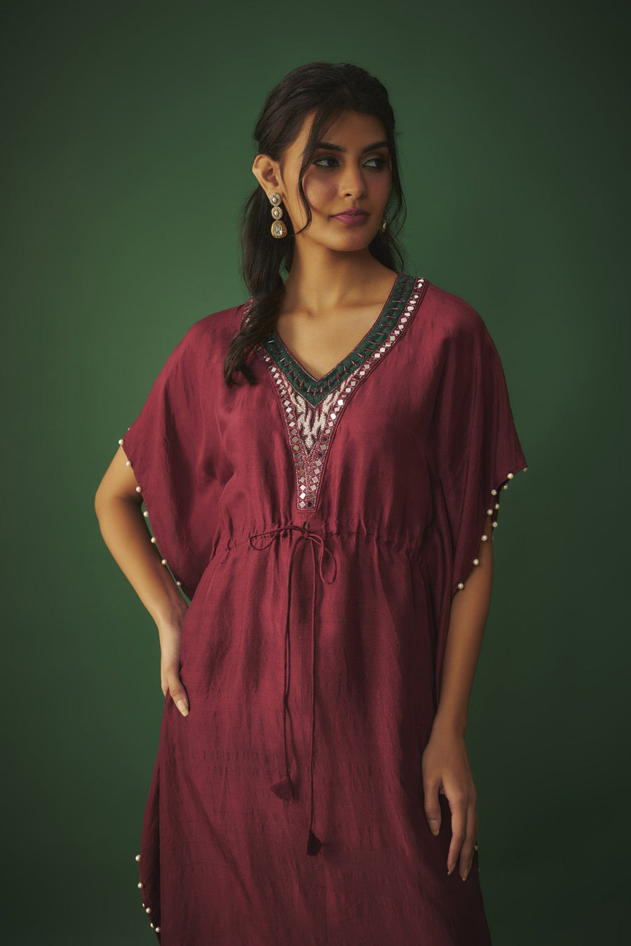 Deep Red Kaftan With Pearls (RTS)