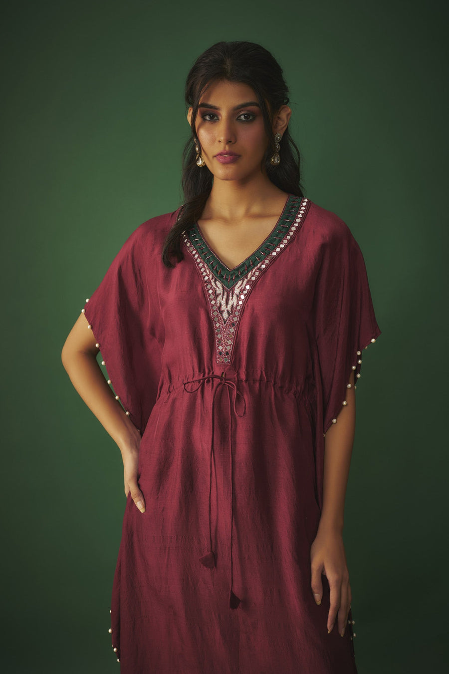 Deep Red Kaftan With Pearls (RTS)