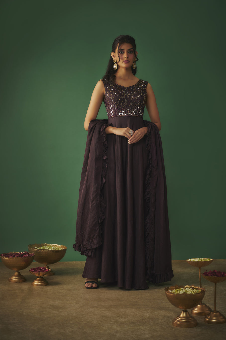 Wine Mirror Embroidered Anarkali With Ruffle Dupatta