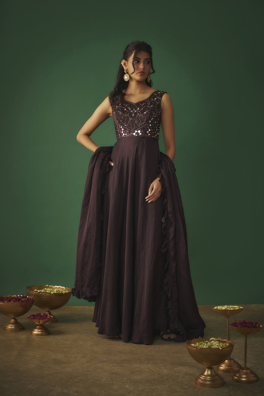 Wine Mirror Embroidered Anarkali With Ruffle Dupatta