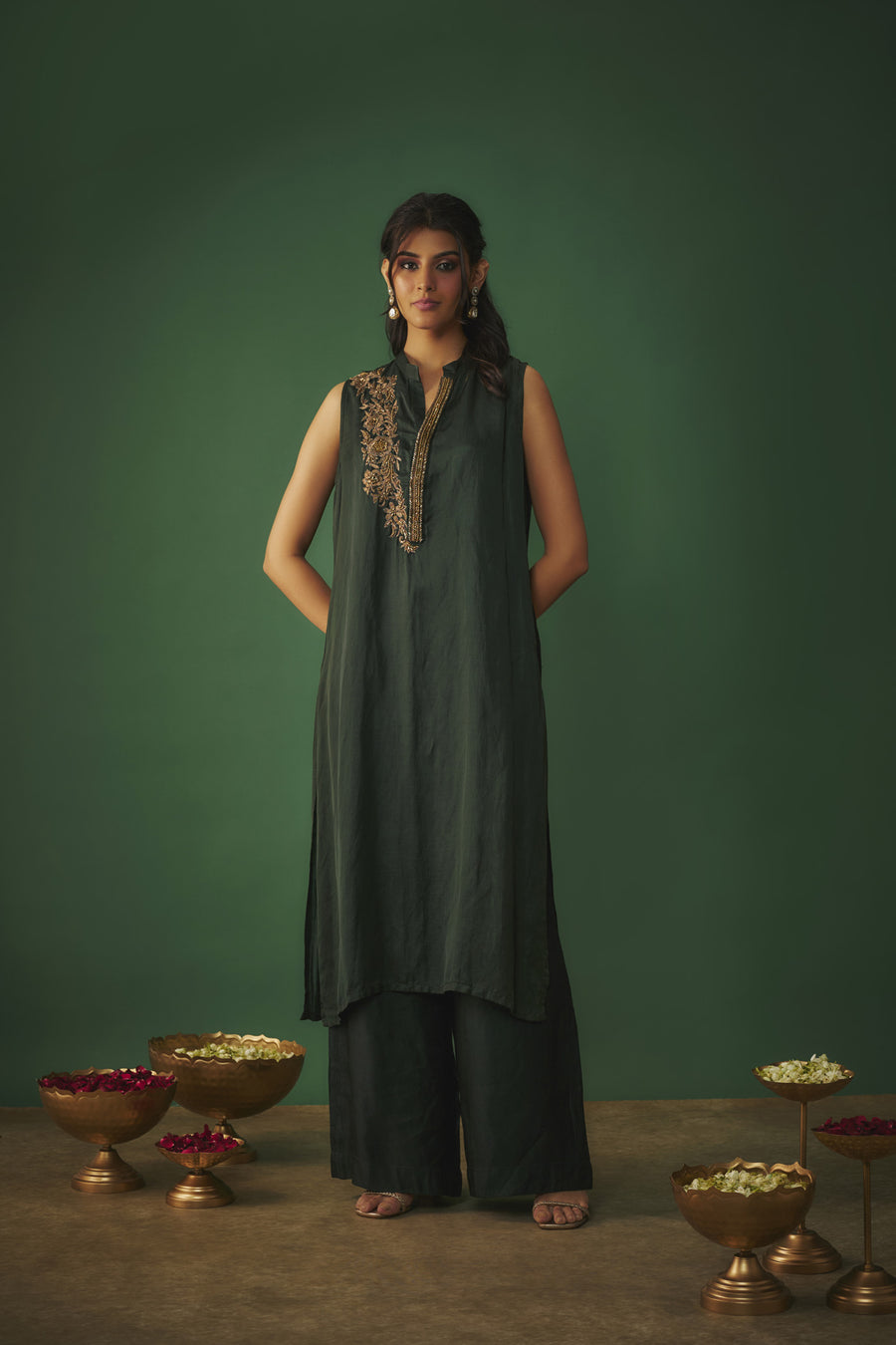 Emerald Green Kurta Pant Set With Copper Gold Embroidery