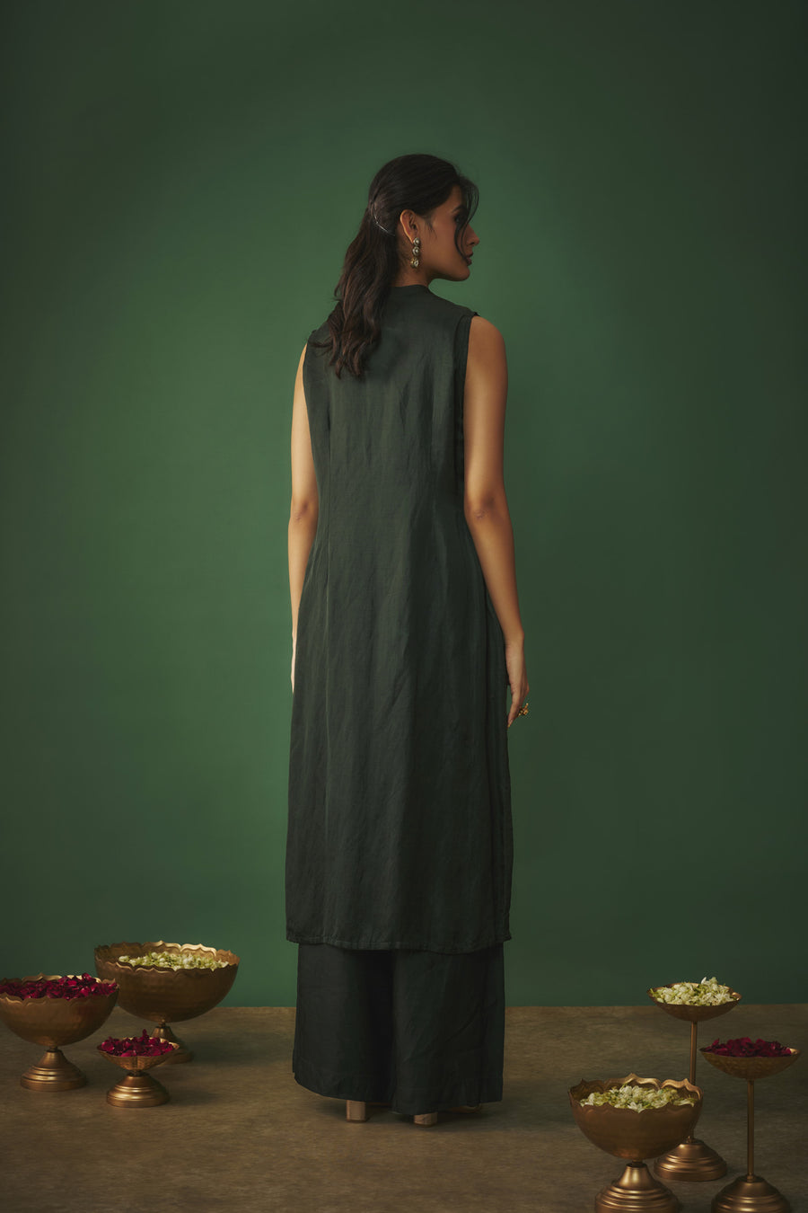 Emerald Green Kurta Pant Set With Copper Gold Embroidery