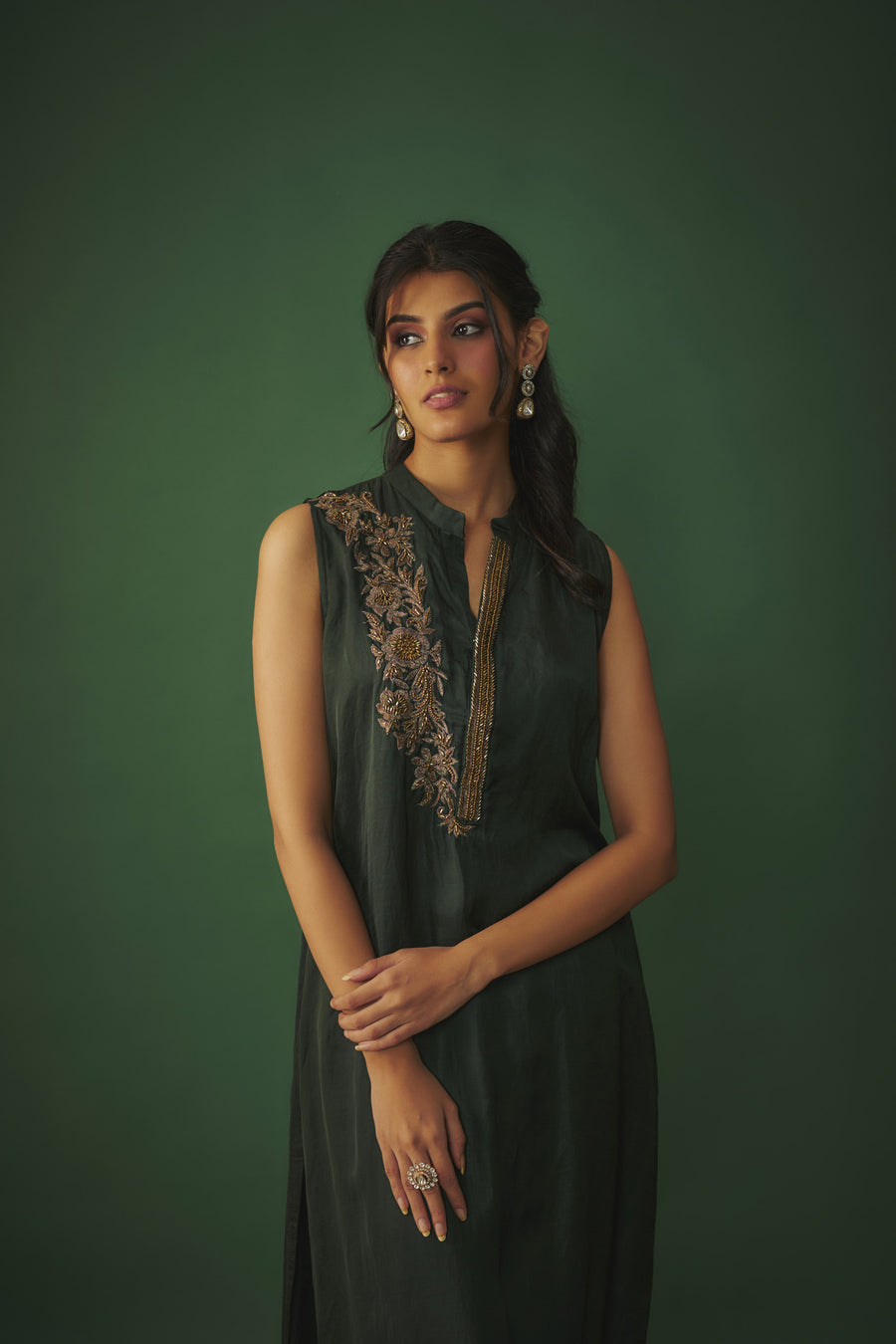 Emerald Green Kurta Pant Set With Copper Gold Embroidery