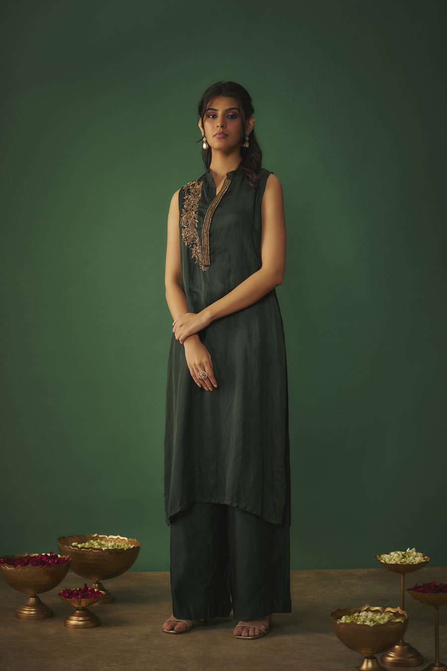 Emerald Green Kurta Pant Set With Copper Gold Embroidery