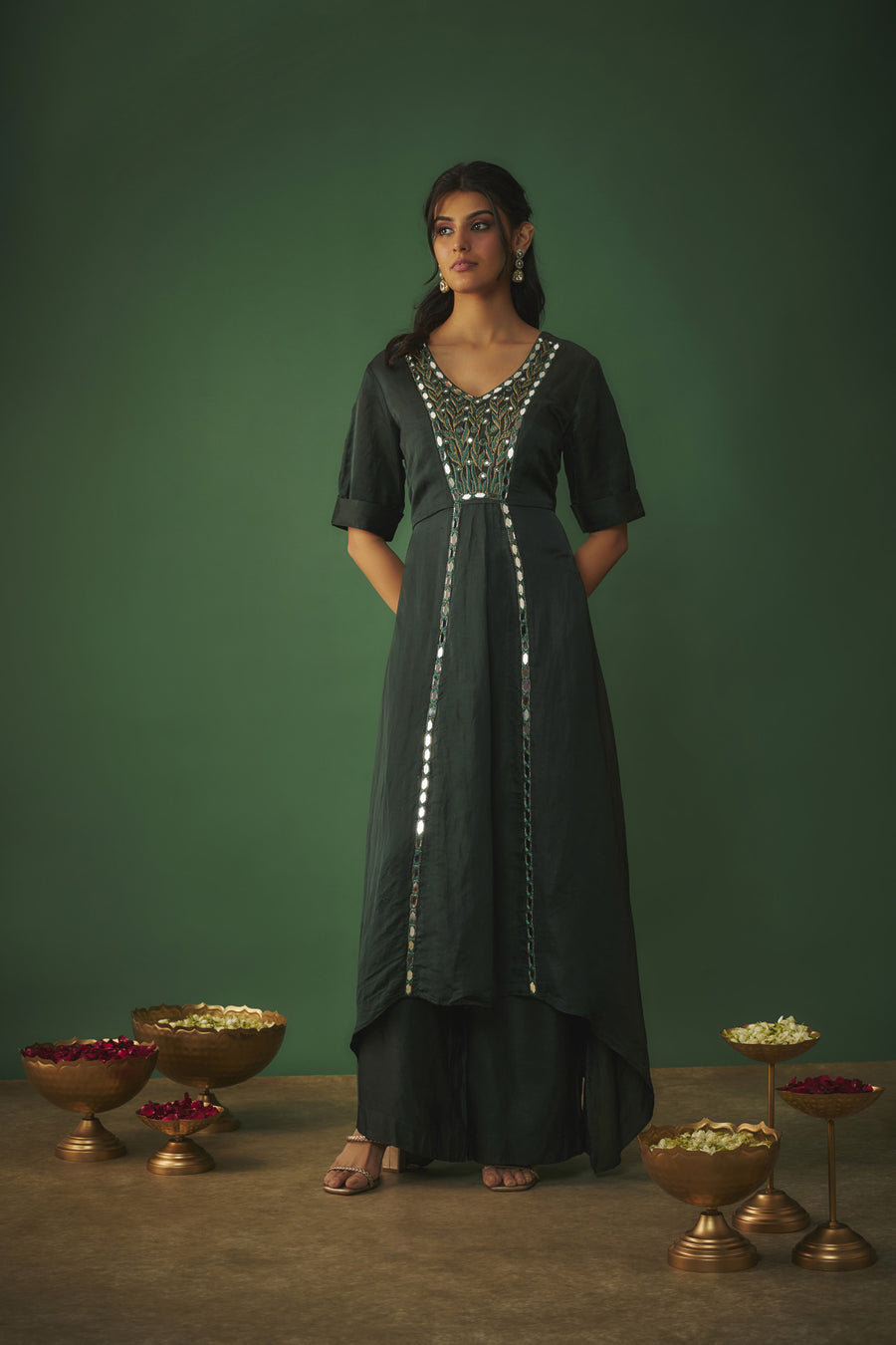 Emerald Green Mirror Work Embroidered Kurta Pant Set