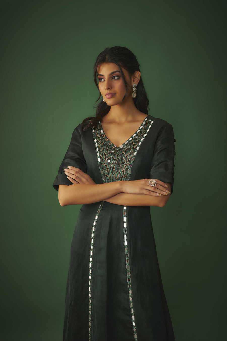 Emerald Green Mirror Work Embroidered Kurta Pant Set