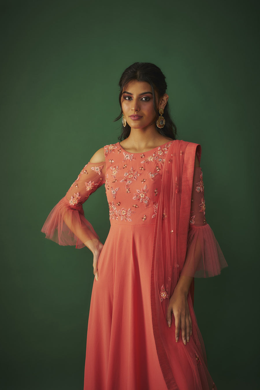 Coral Pink Embroidered Anarkali And Dupatta Set