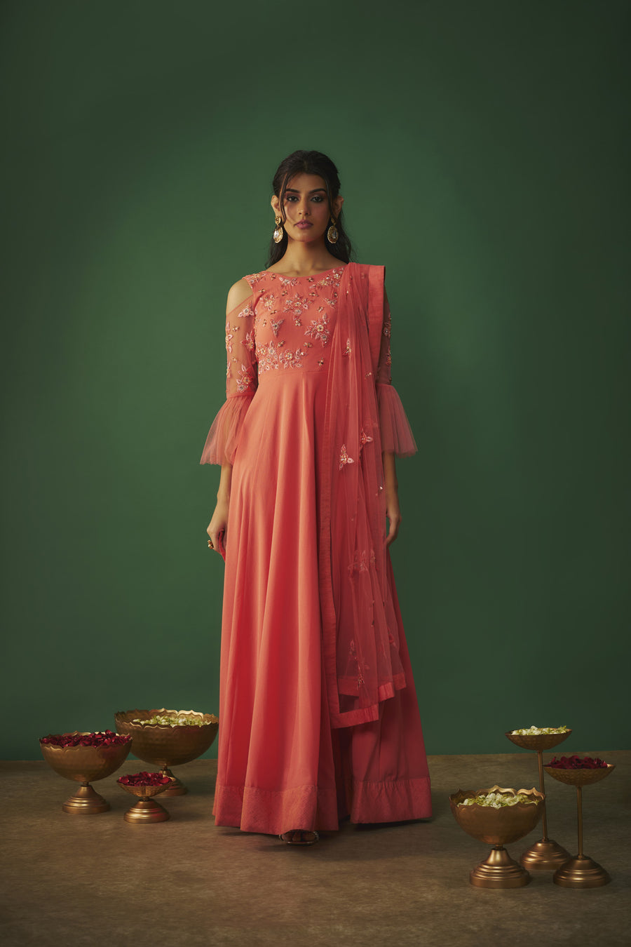 Coral Pink Embroidered Anarkali And Dupatta Set