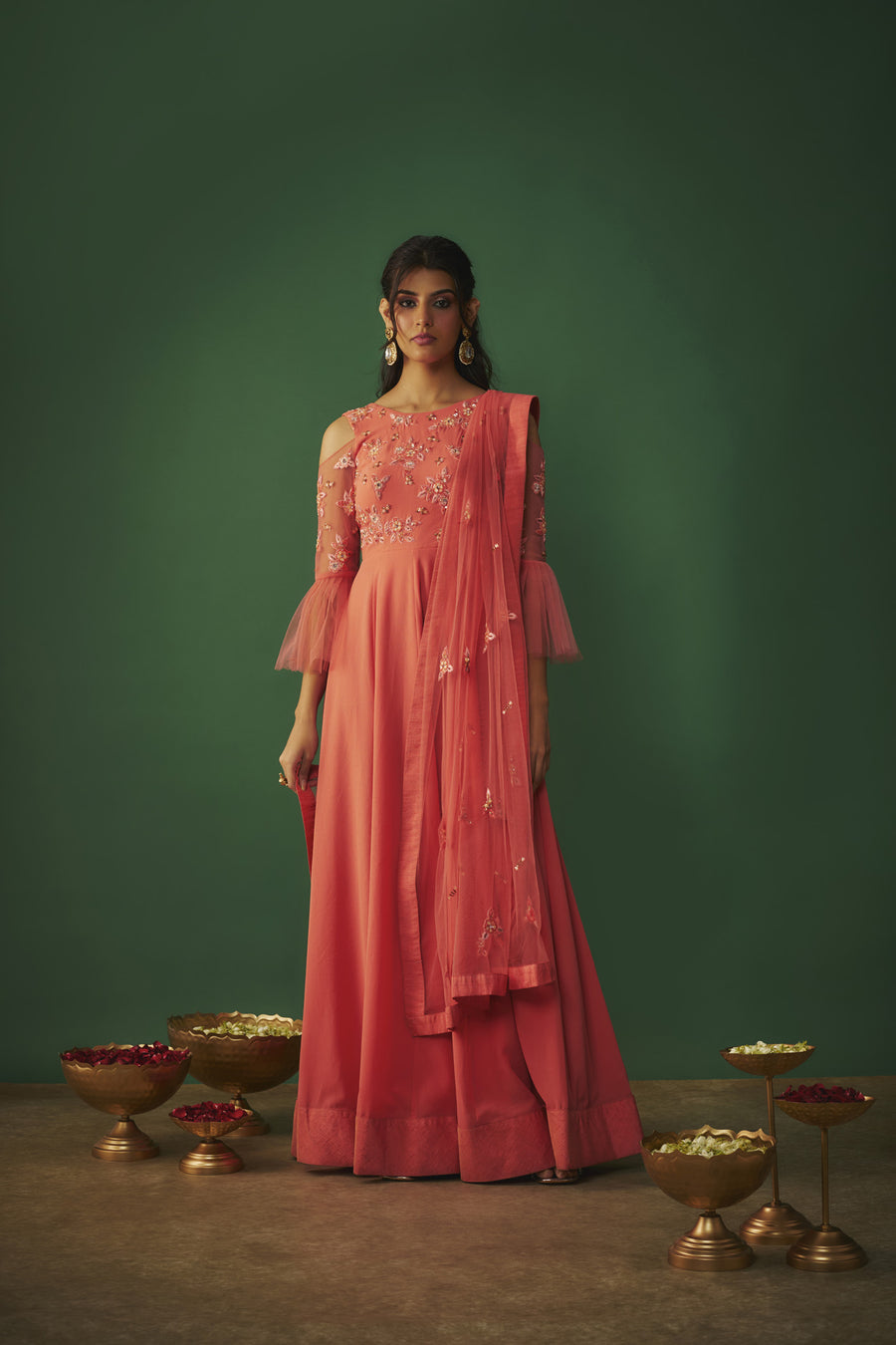 Coral Pink Embroidered Anarkali And Dupatta Set