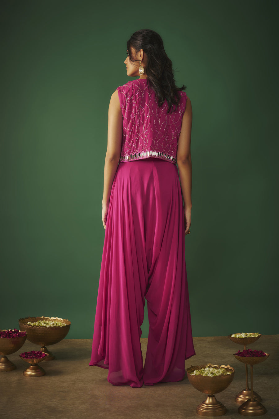 Magenta Pink Mirror Embroidered Choli, Dhoti And Crop Jacket Set