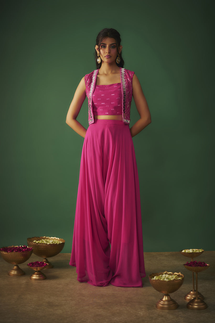 Magenta Pink Mirror Embroidered Choli, Dhoti And Crop Jacket Set