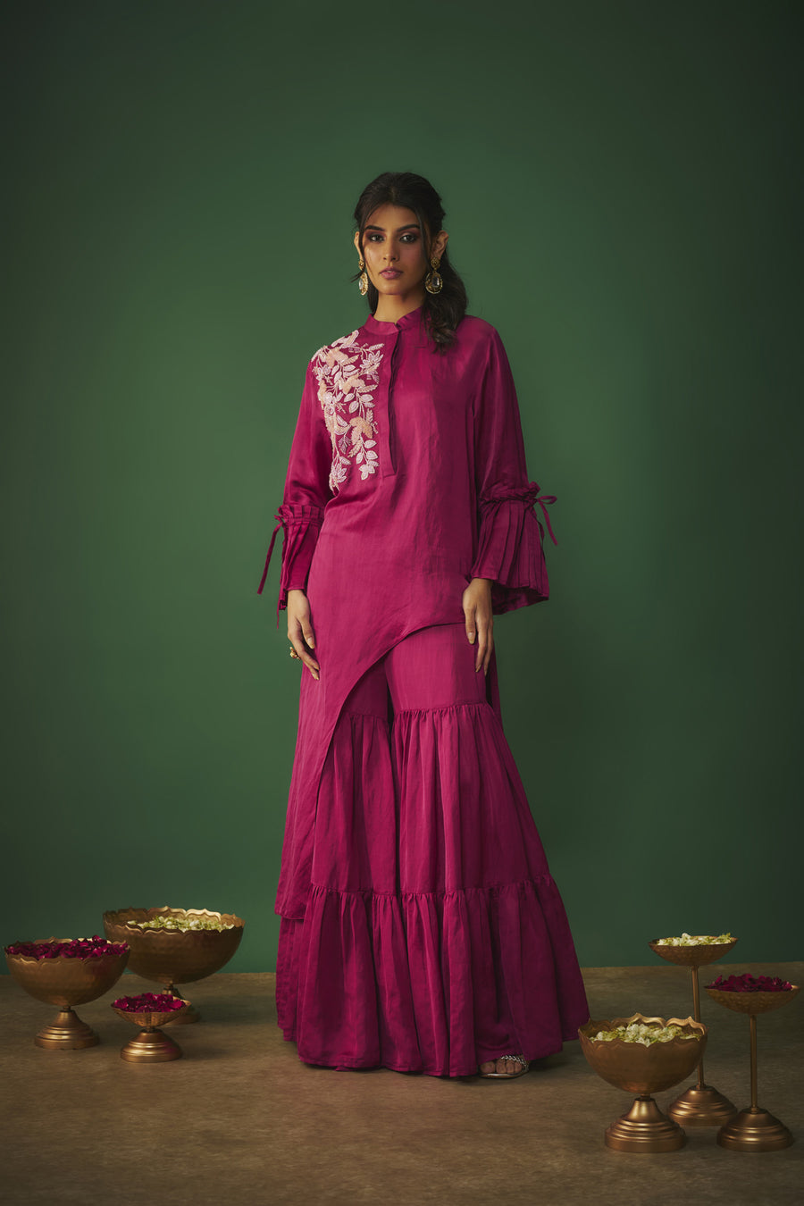 Magenta Pink Embroidered Asymmetrical Kurta And Sharara Set