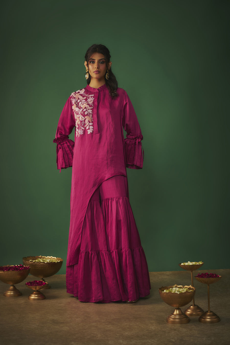 Magenta Pink Embroidered Asymmetrical Kurta And Sharara Set