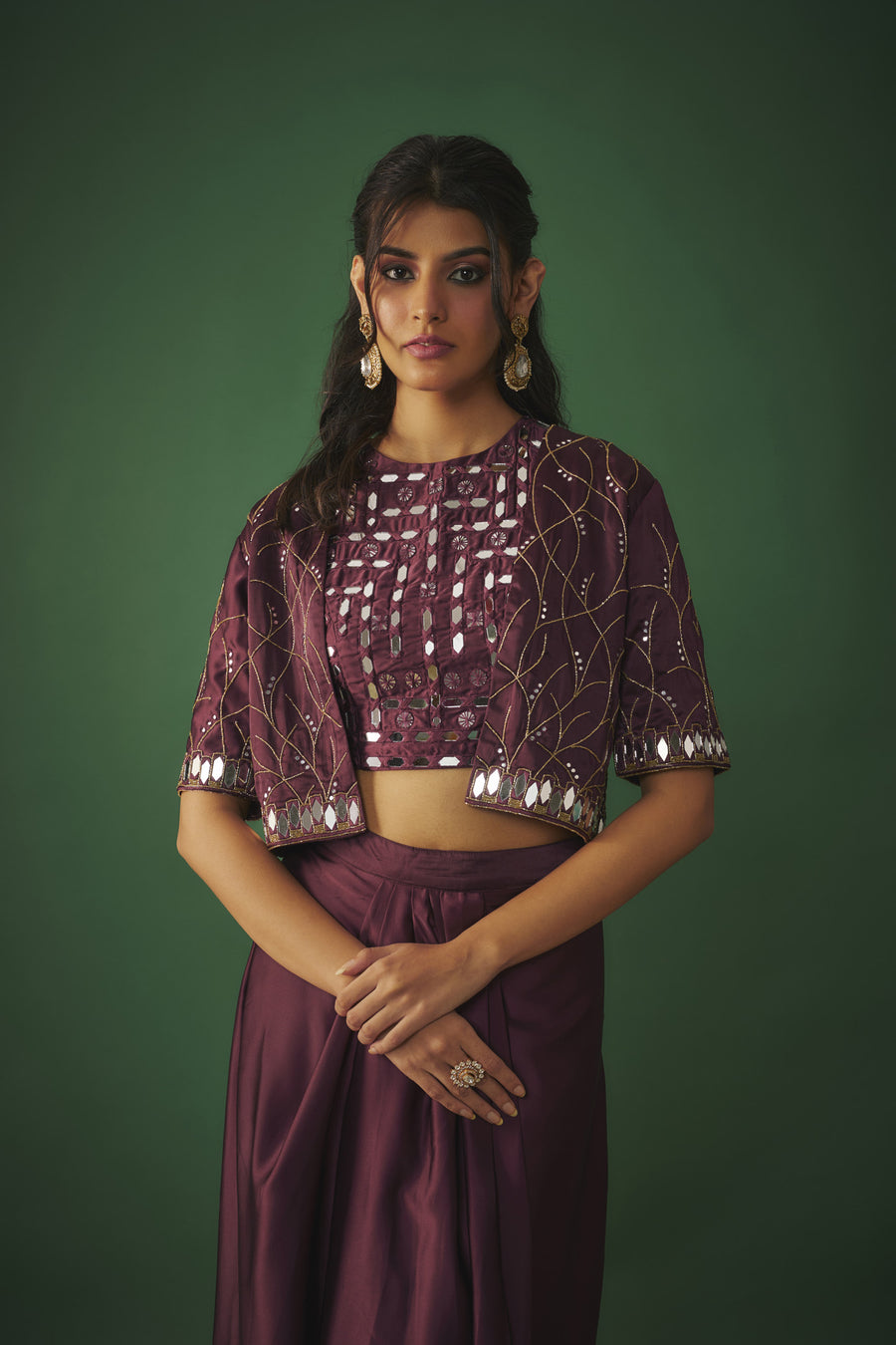 Wine Mirror Embroidered Choli, Dhoti Skirt And Crop Jacket Set