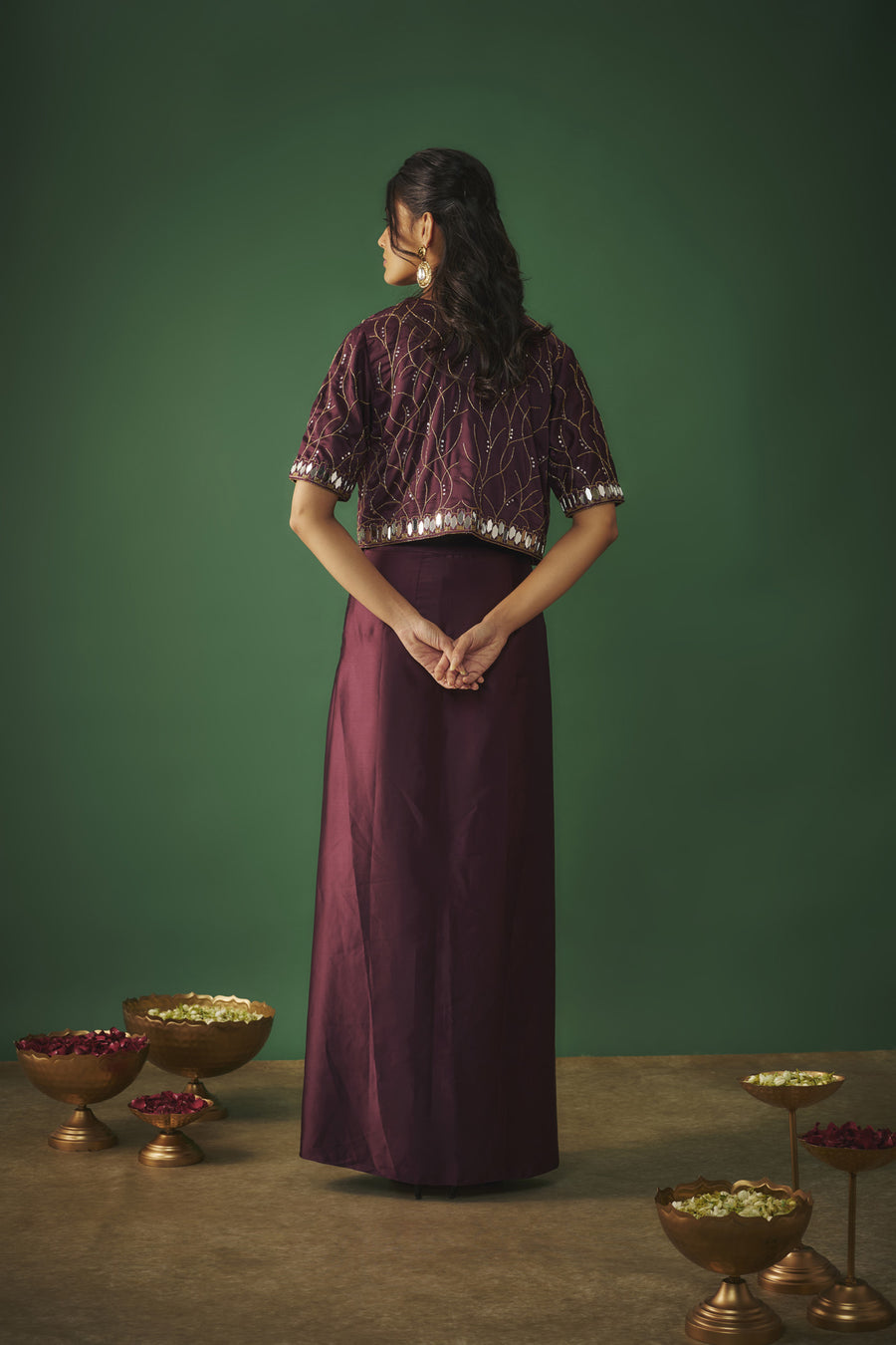 Wine Mirror Embroidered Choli, Dhoti Skirt And Crop Jacket Set