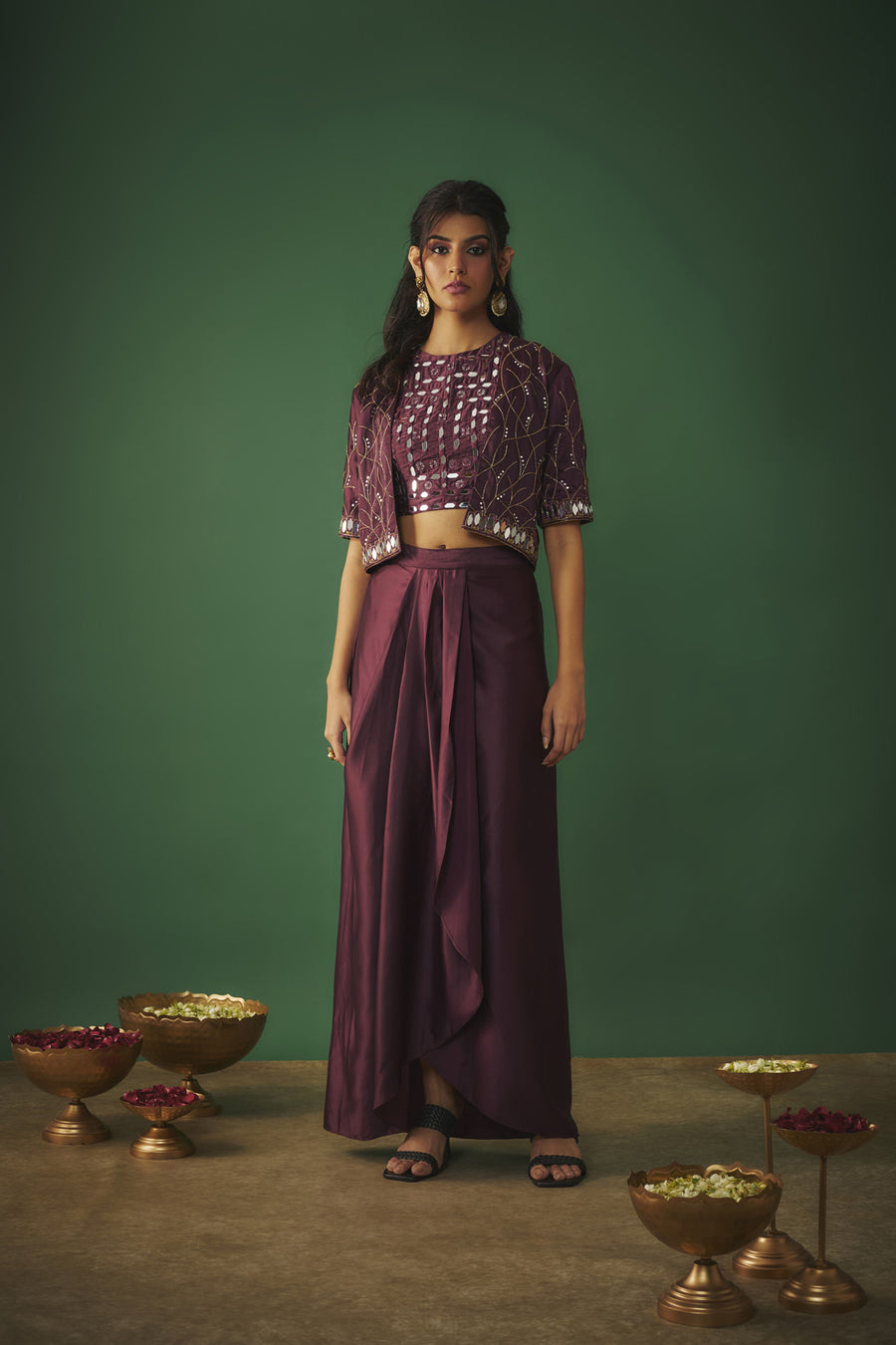 Wine Mirror Embroidered Choli, Dhoti Skirt And Crop Jacket Set