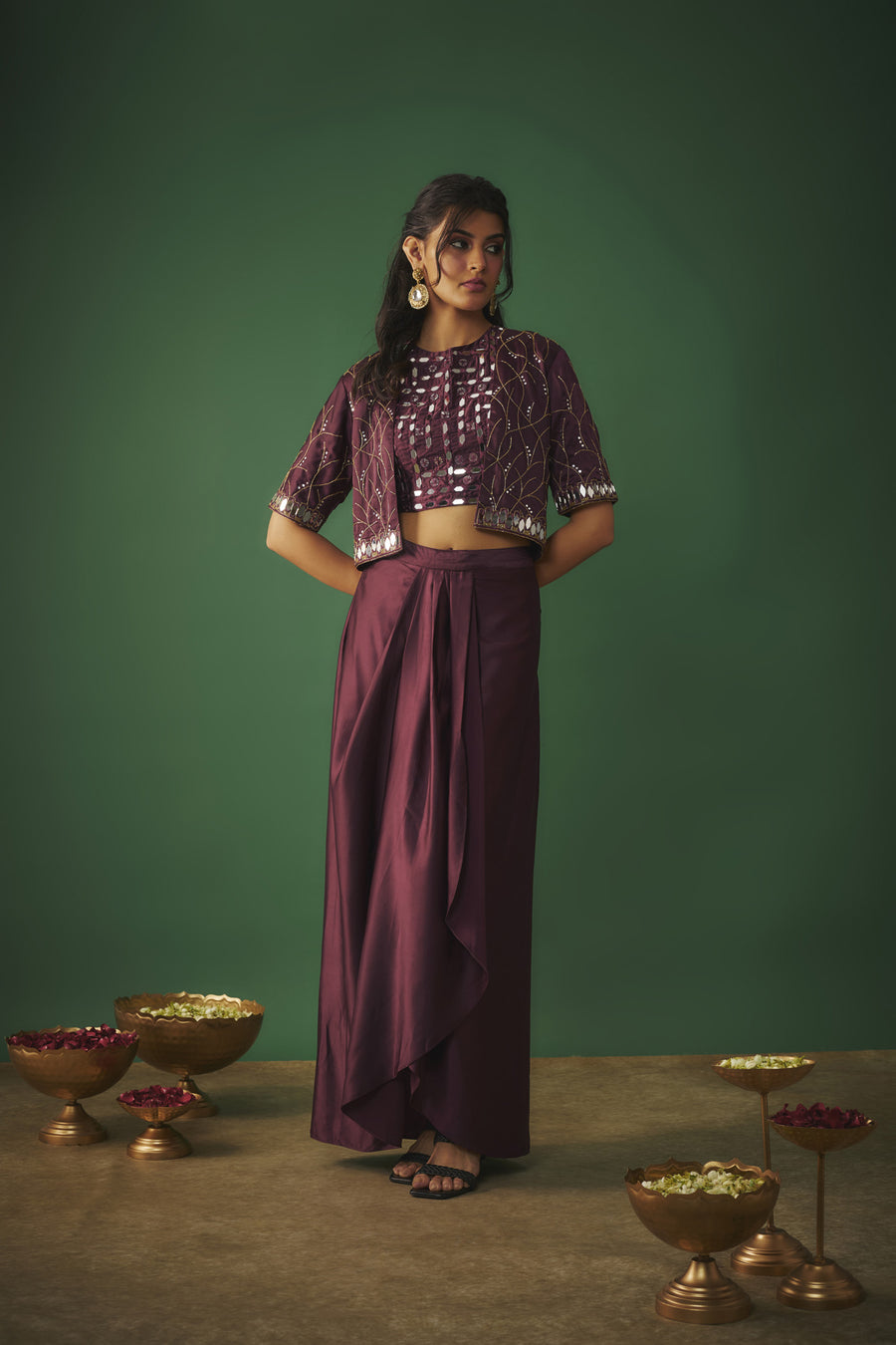 Wine Mirror Embroidered Choli, Dhoti Skirt And Crop Jacket Set