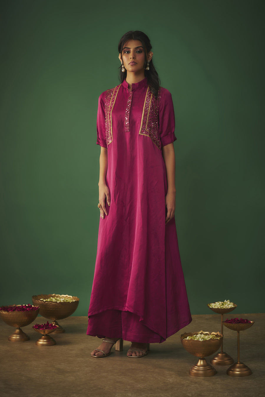 Magenta Pink Mirror Embroidered Kurta And Pants Set