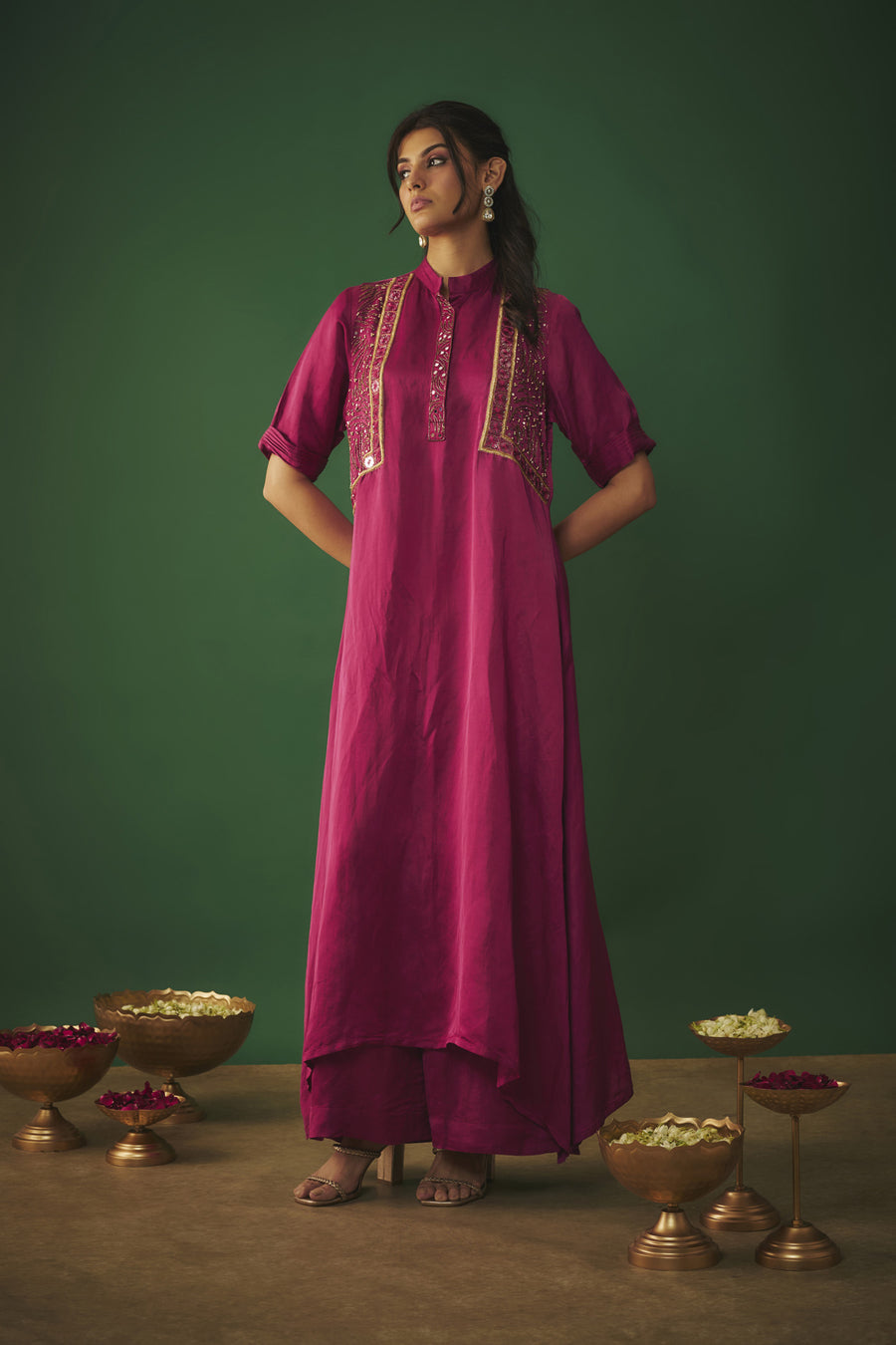 Magenta Pink Mirror Embroidered Kurta And Pants Set