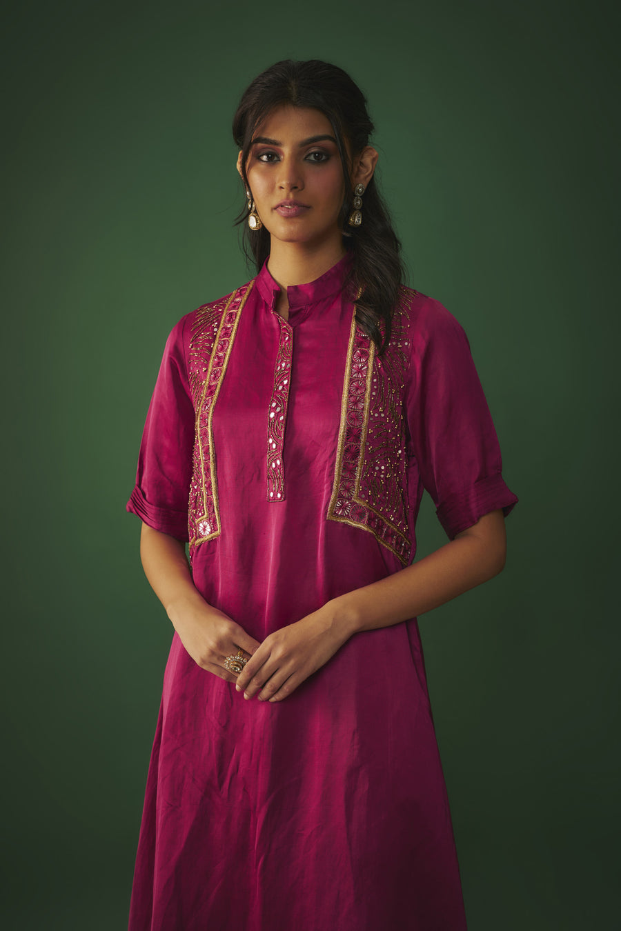 Magenta Pink Mirror Embroidered Kurta And Pants Set