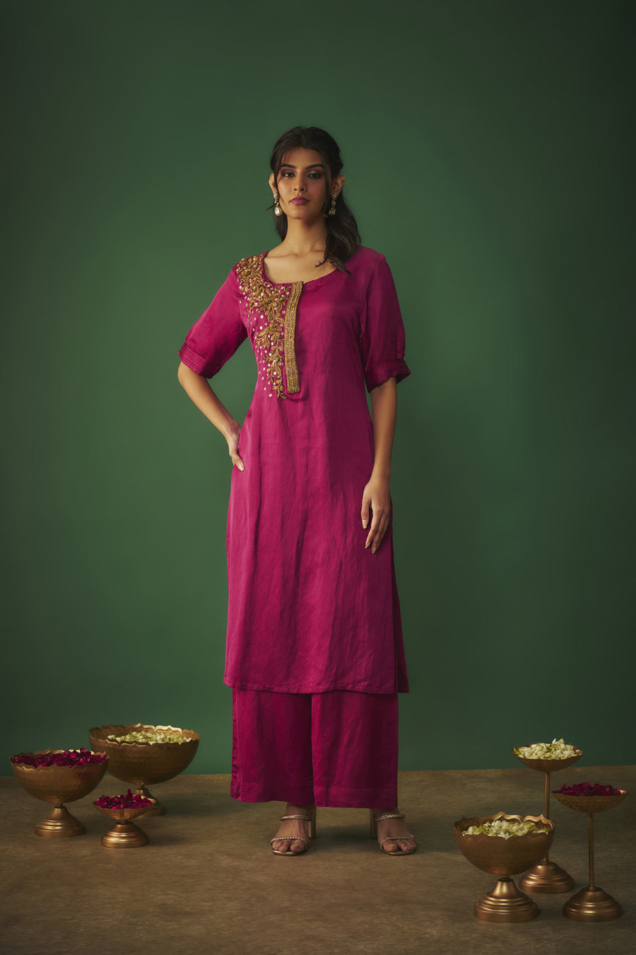 Magenta Pink Embroidered Kurta And Pants Set