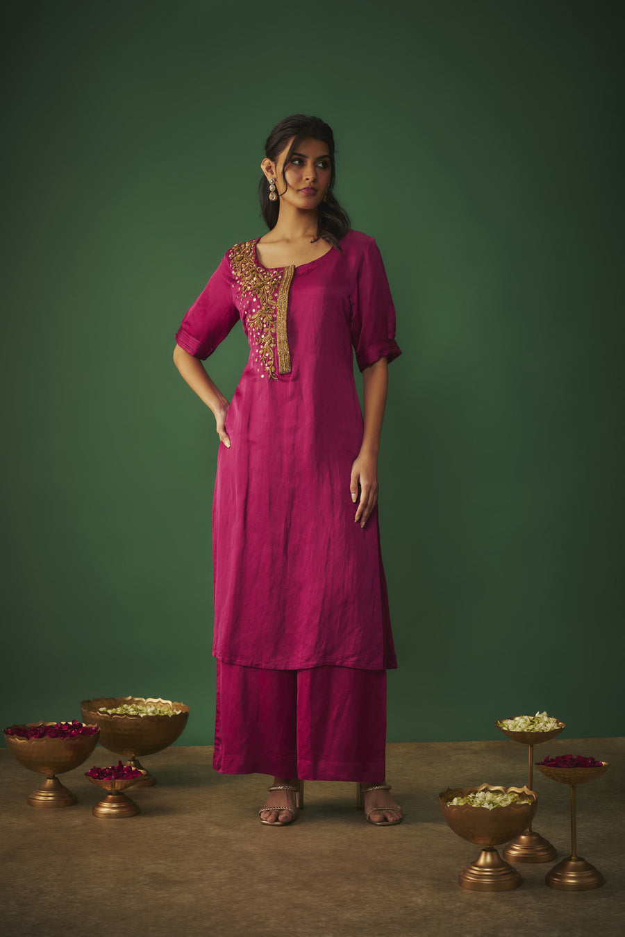 Magenta Pink Embroidered Kurta And Pants Set