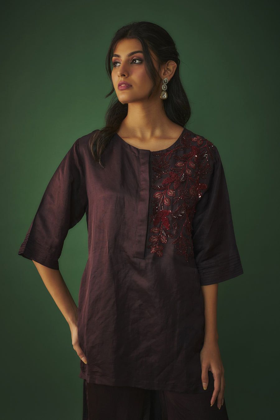 Wine Embroidered Hi Low Kurta And Sharara Set