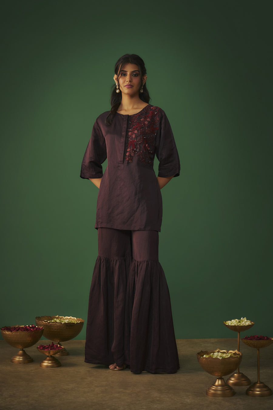 Wine Embroidered Hi Low Kurta And Sharara Set