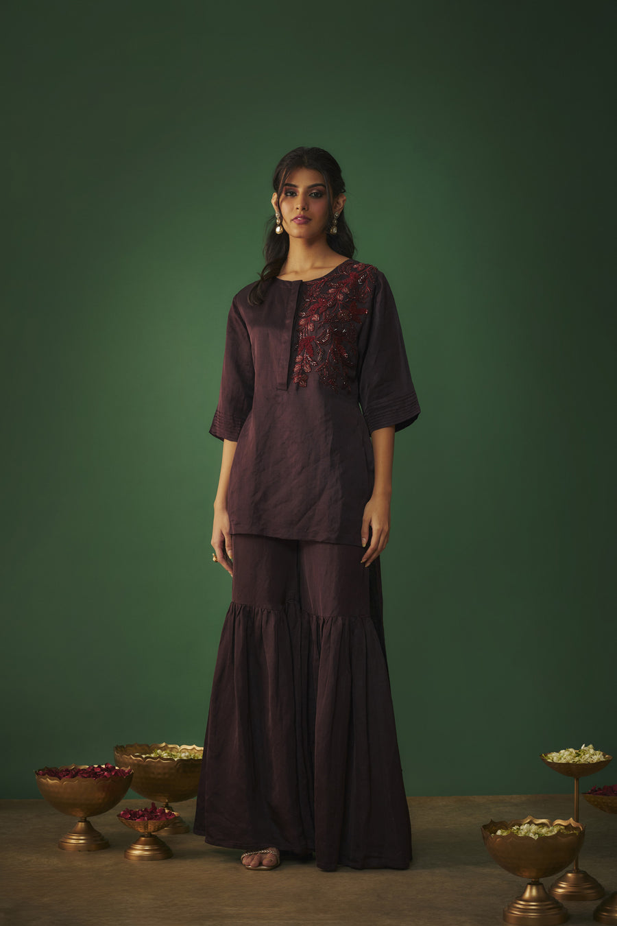 Wine Embroidered Hi Low Kurta And Sharara Set