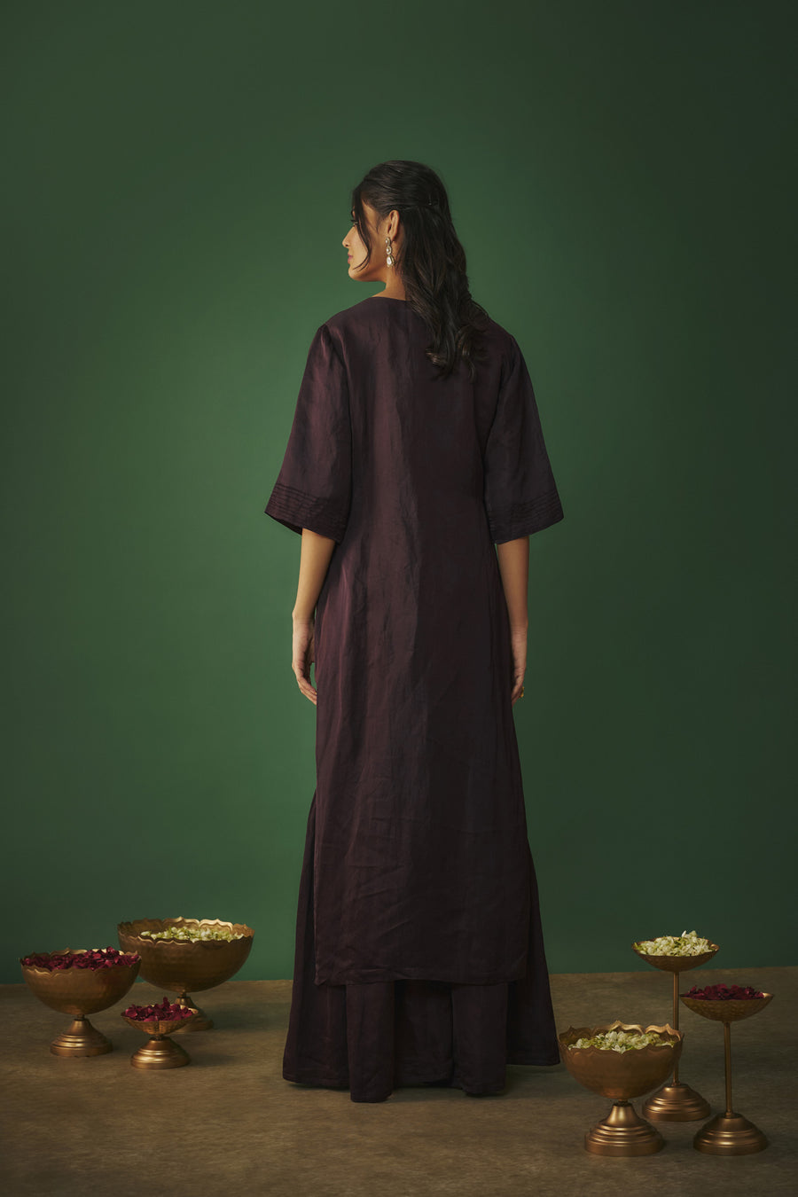 Wine Embroidered Hi Low Kurta And Sharara Set