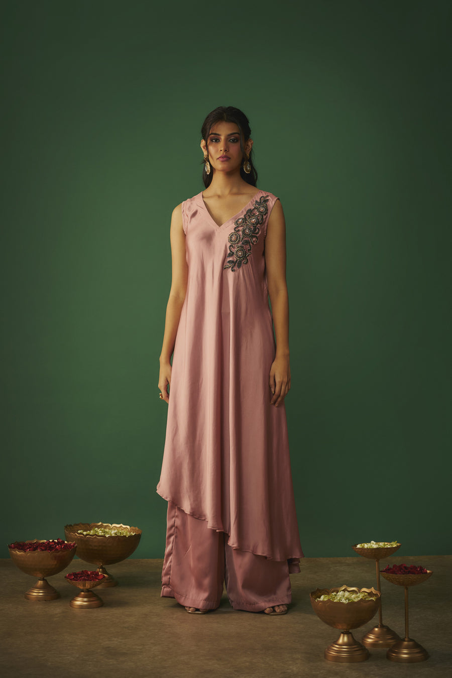 Rose Pink Embroidered Asymmtrical Kurta And Pants Set