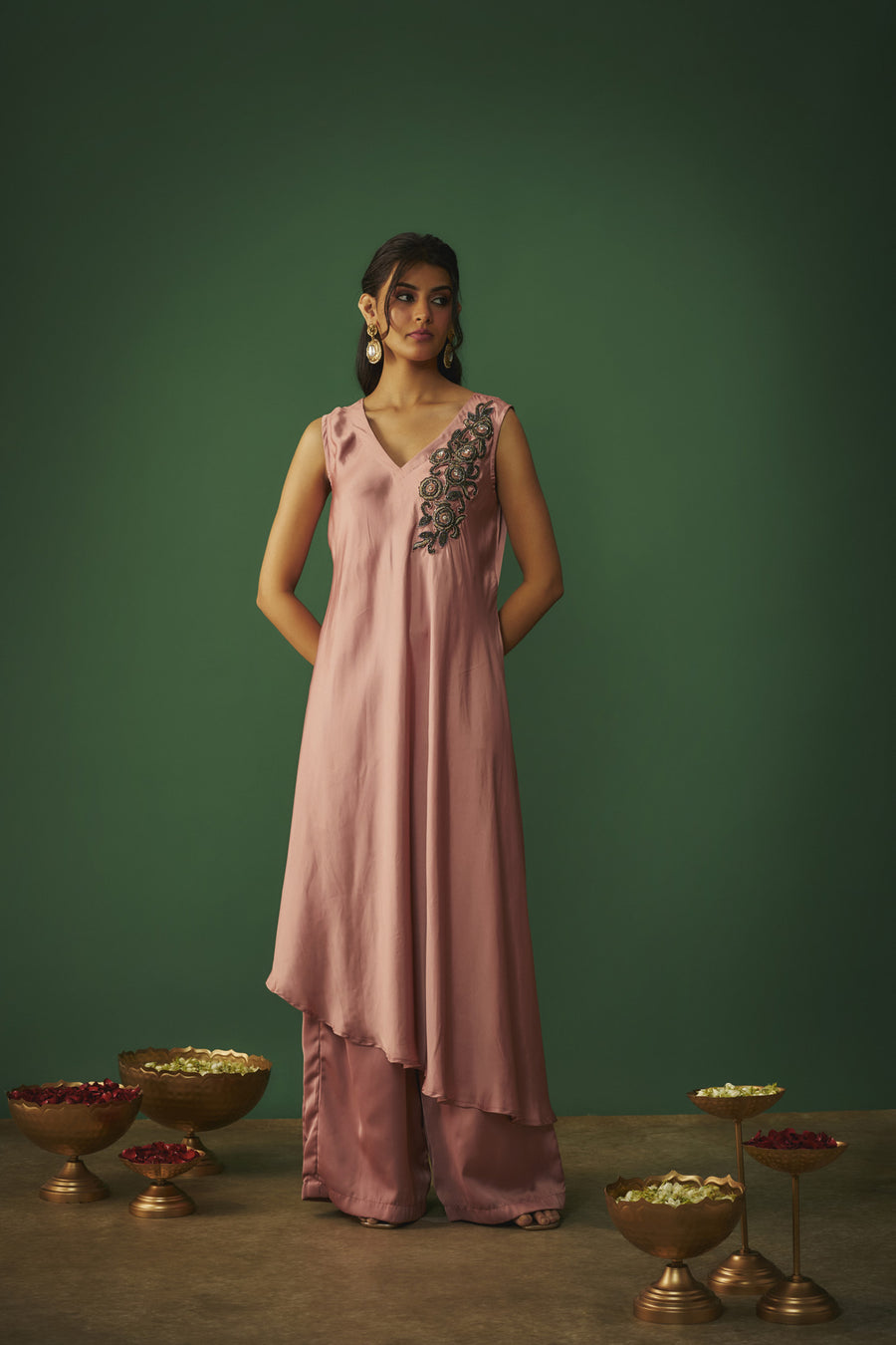 Rose Pink Embroidered Asymmtrical Kurta And Pants Set