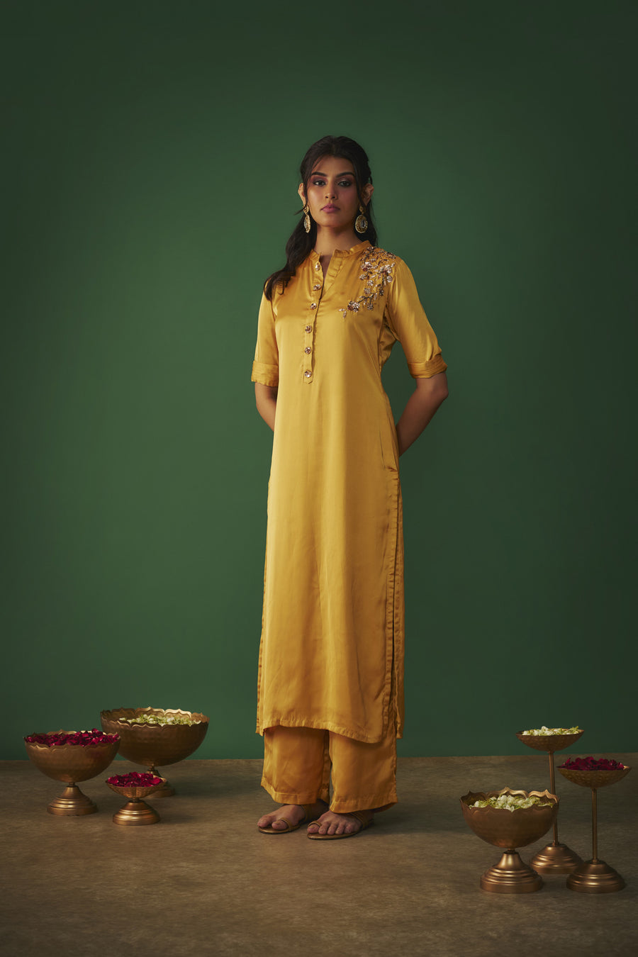 Mustard Yellow Mukaish Embrodiered Kurta And Pants Set